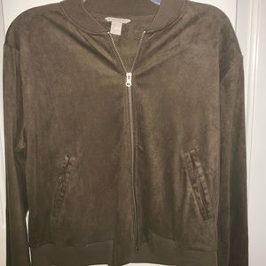 Army green faux suede bomber jacket